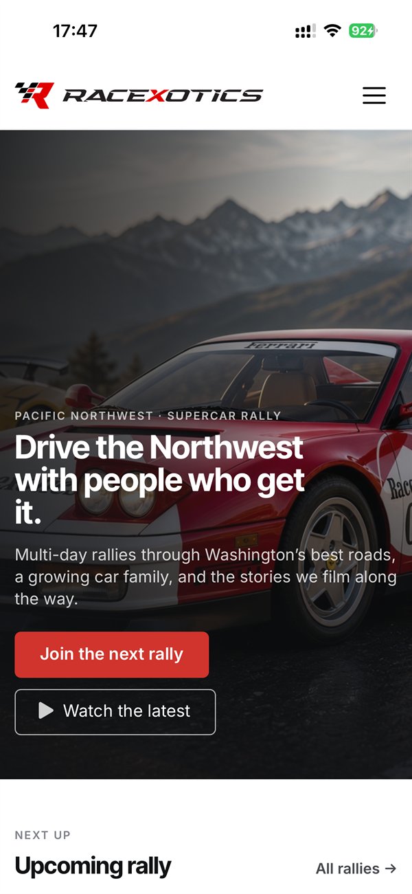 Racexotics website mobile screenshot